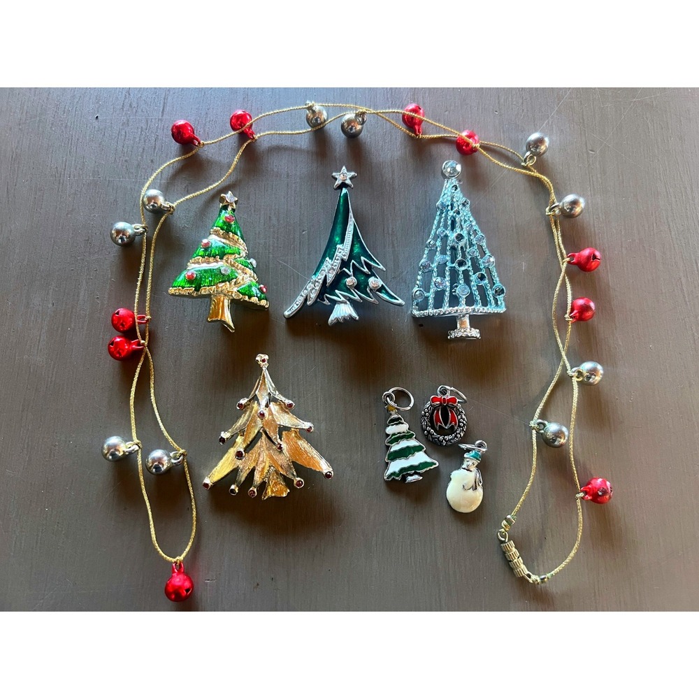 Vintage Christmas Jewelry Lot Tree Brooches Charms Jingle Bell Necklace Holiday